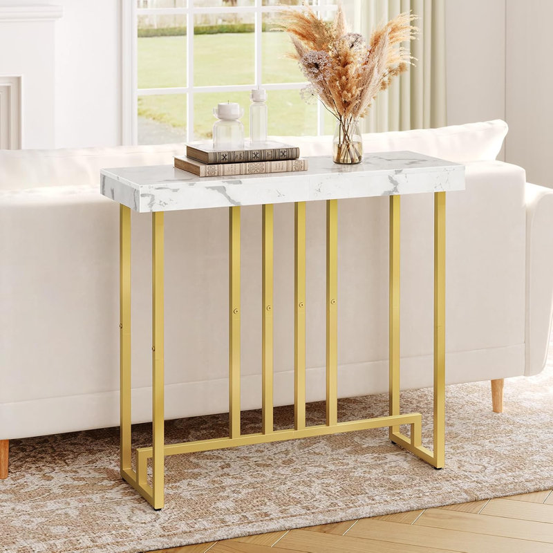 Gold Console Table Modern Entryway Table 30.7 Small Narrow Sofa Table With Metal Frame Entrance With Table Marble Veined Table Top For Living